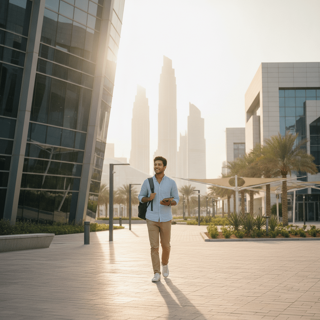 Excited international student ready to start university in Dubai after school, standing near a modern campus building