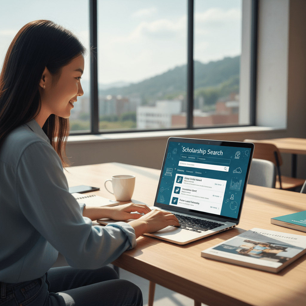 International student using a scholarship search engine on a laptop to discover global university funding opportunities