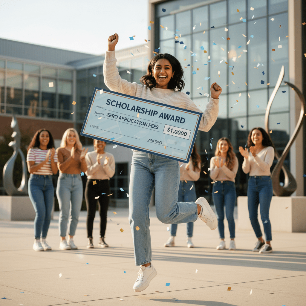 Happy international student discovering zero application fee scholarships legitimate opportunities on a laptop, opening doors to affordable global education