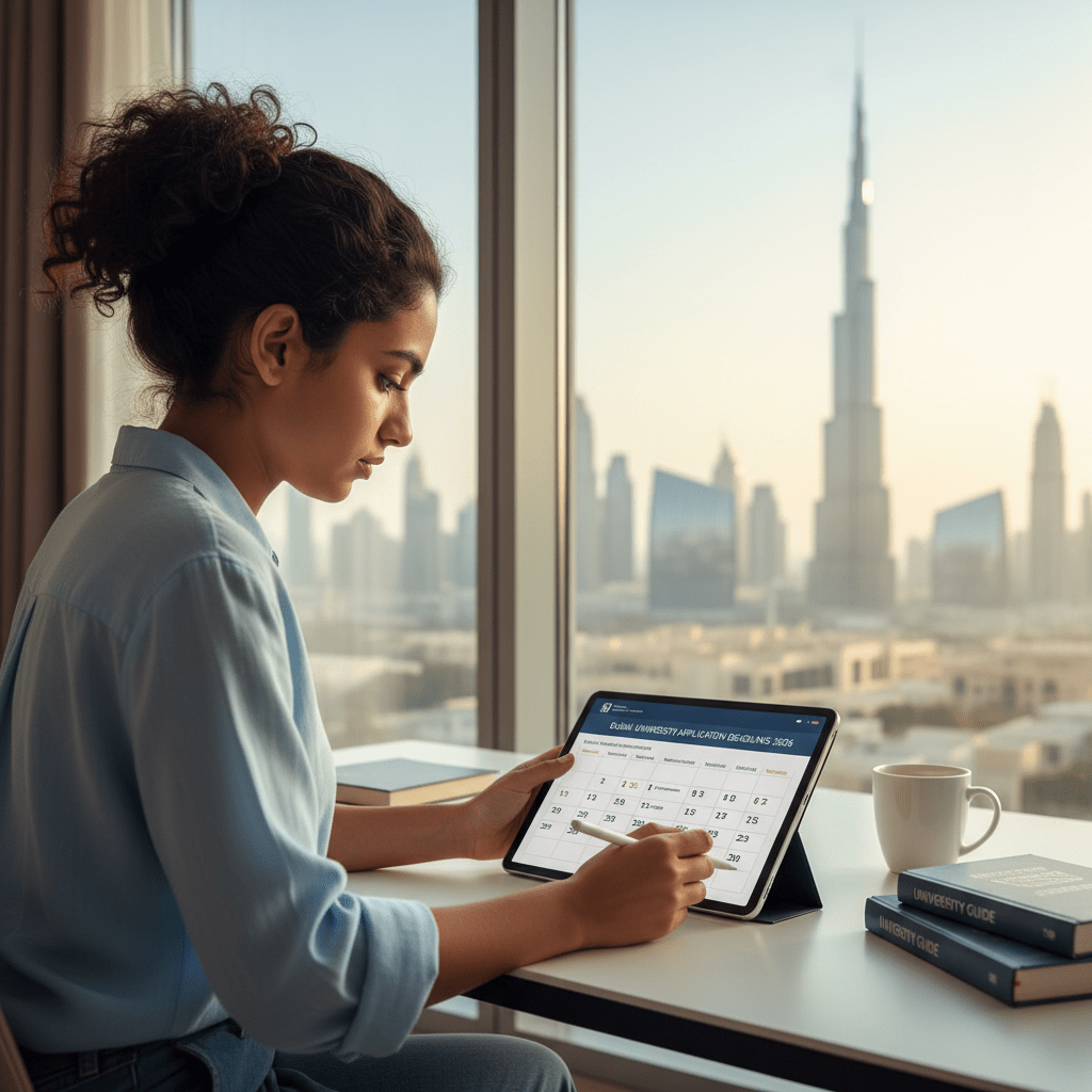 International student reviewing Dubai university deadlines 2026 application timeline at a modern campus study space
