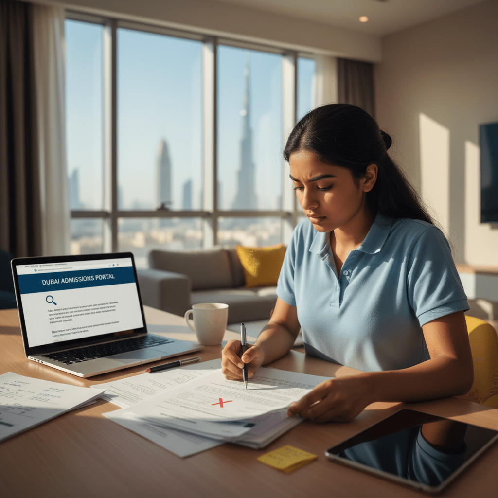 Student carefully reviewing documents to avoid Dubai application mistakes during university admission process
