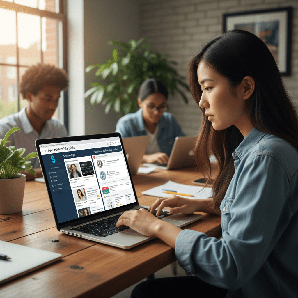 International student using a scholarship search platform comparison to find guaranteed university funding opportunities abroad