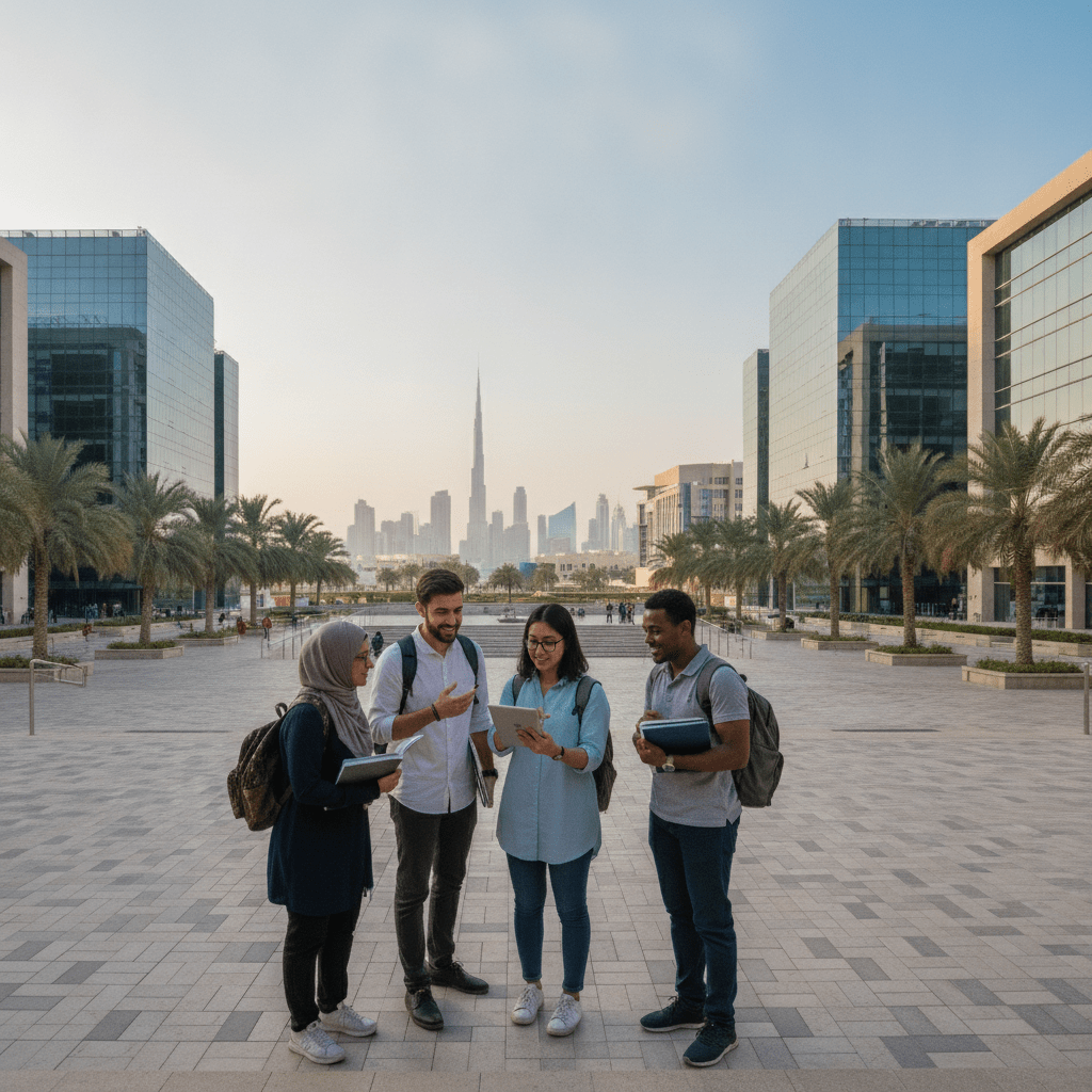 International students collaborating on campus, exploring scholarships support Dubai universities offer to help fund their higher education dreams