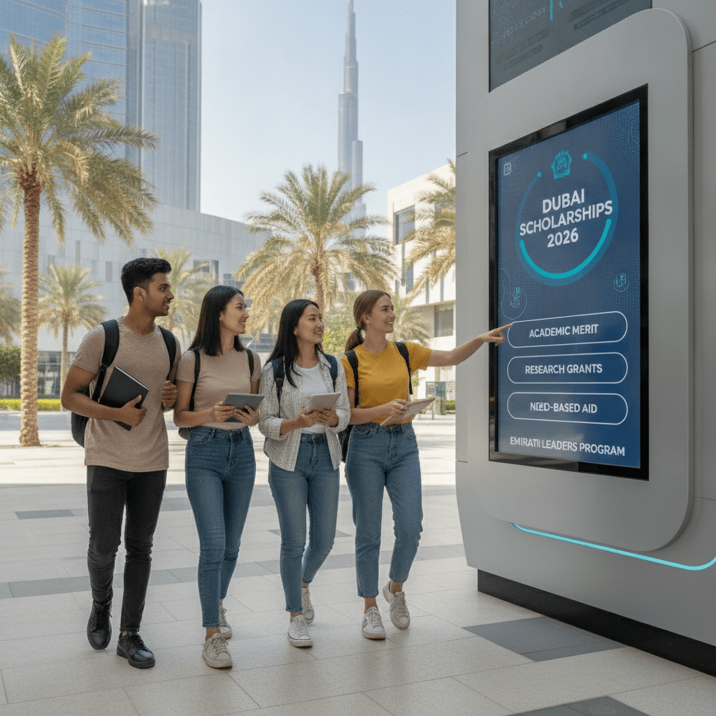 International students reviewing types of scholarships Dubai 2026 offers at a modern university campus