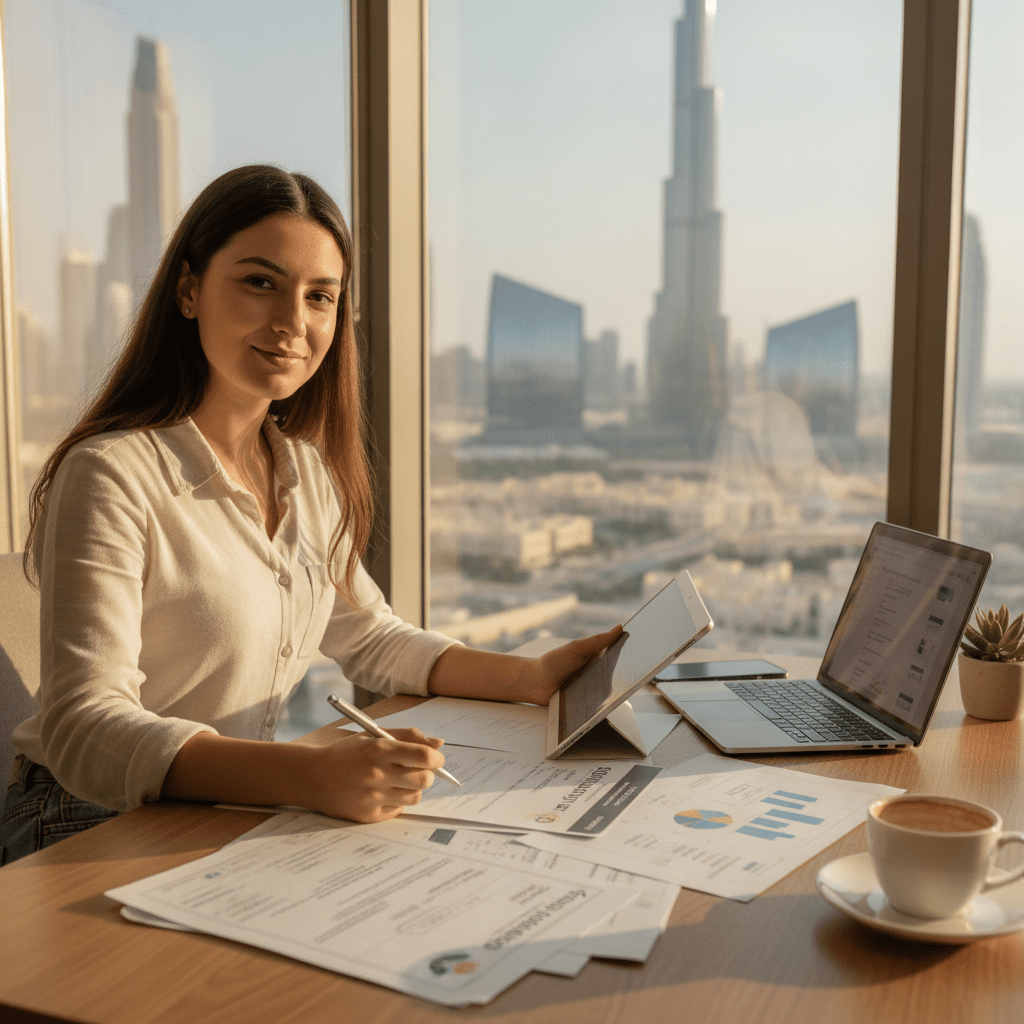 International student reviewing financial aid post-secondary Dubai options with university documents on a desk