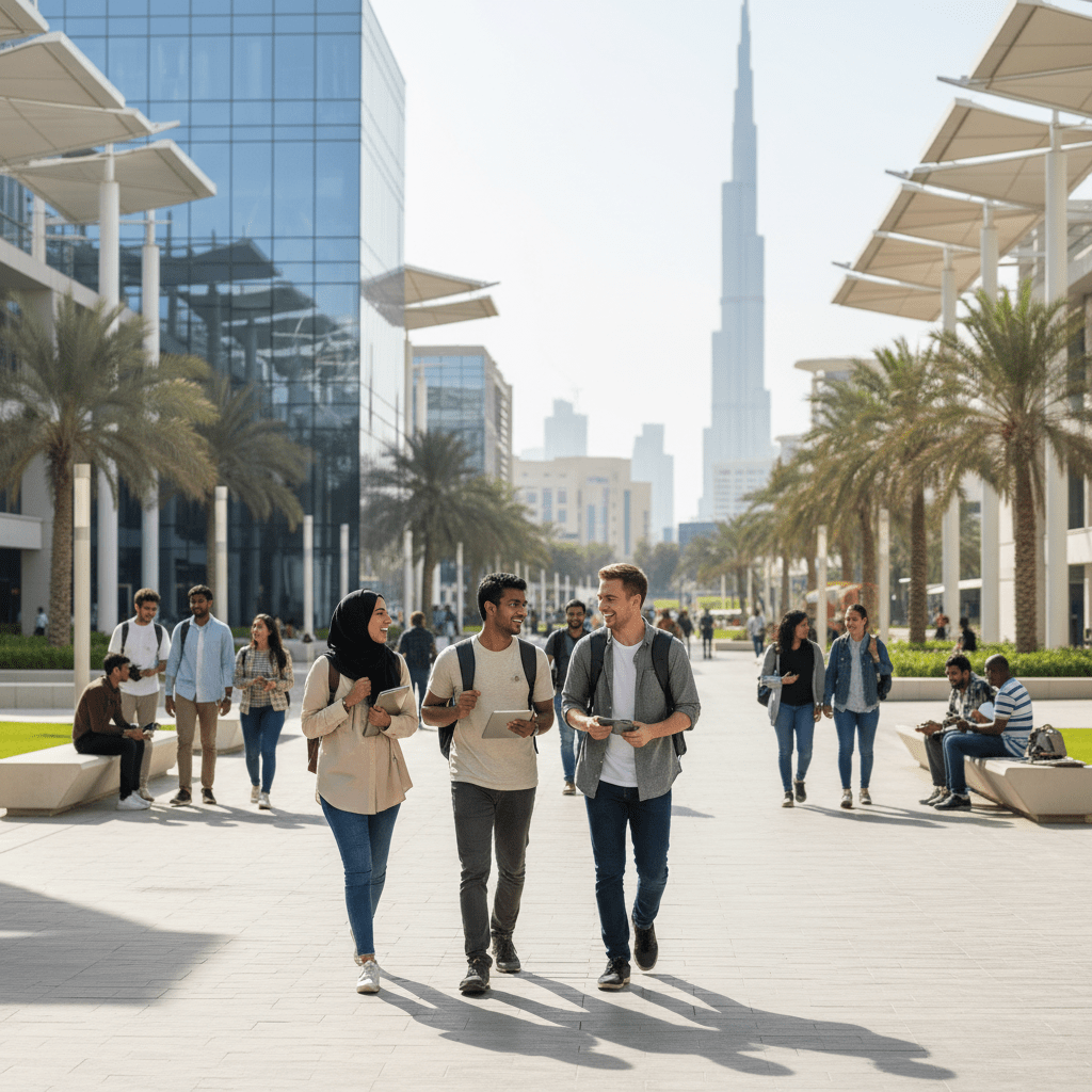 Students exploring campus options when comparing national vs private universities Dubai to find the best fit for their academic goals