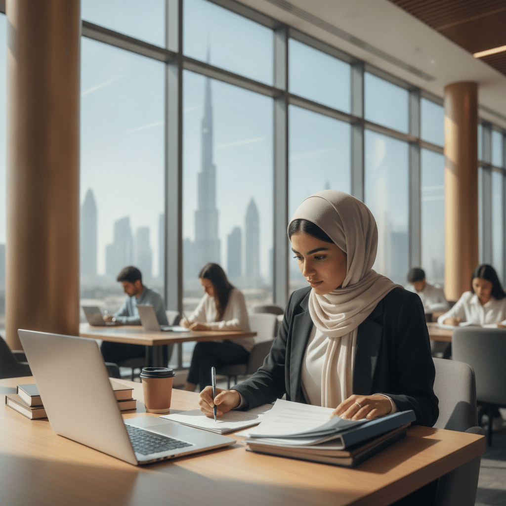 International student navigating the scholarship application process in Dubai, reviewing documents at a modern university campus