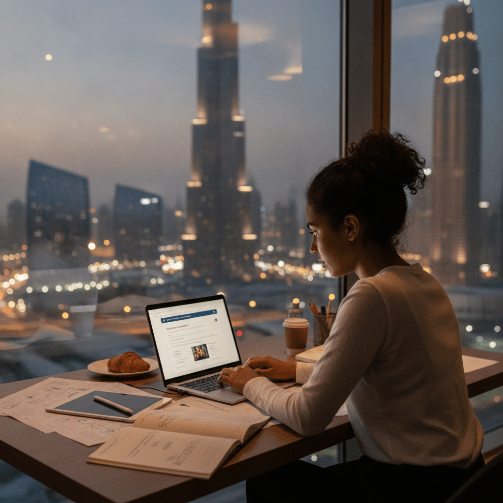 International student clearing up scholarship misconceptions Dubai universities spread, researching opportunities on a laptop with campus in background