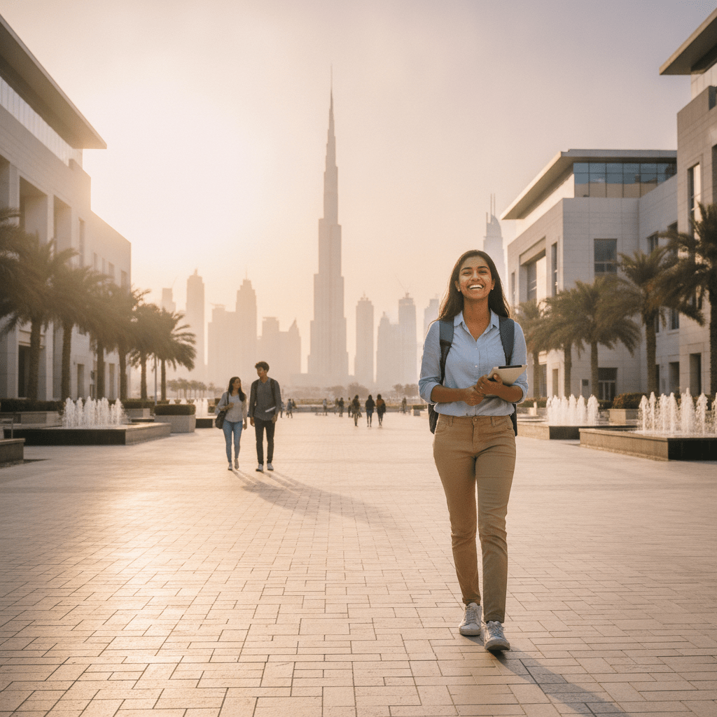 International student reviewing undergraduate scholarships Dubai universities offer, sitting with laptop on a bright modern campus