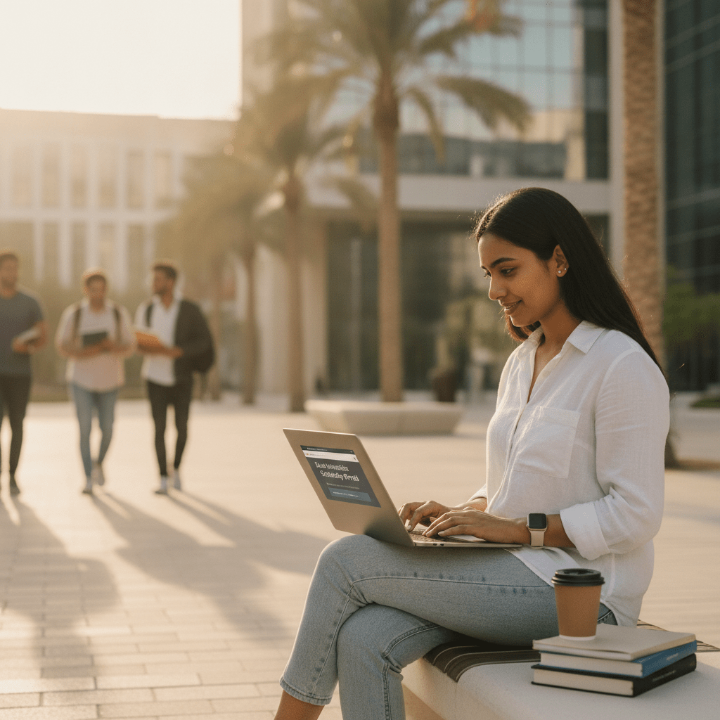 International student applying for scholarships at Dubai universities, reviewing options on laptop at a modern university campus