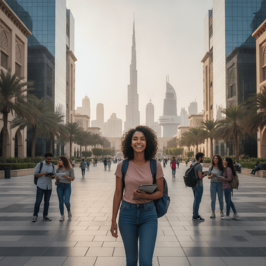 International student reviewing university options along the higher education Dubai 2026 pathway with city skyline in background