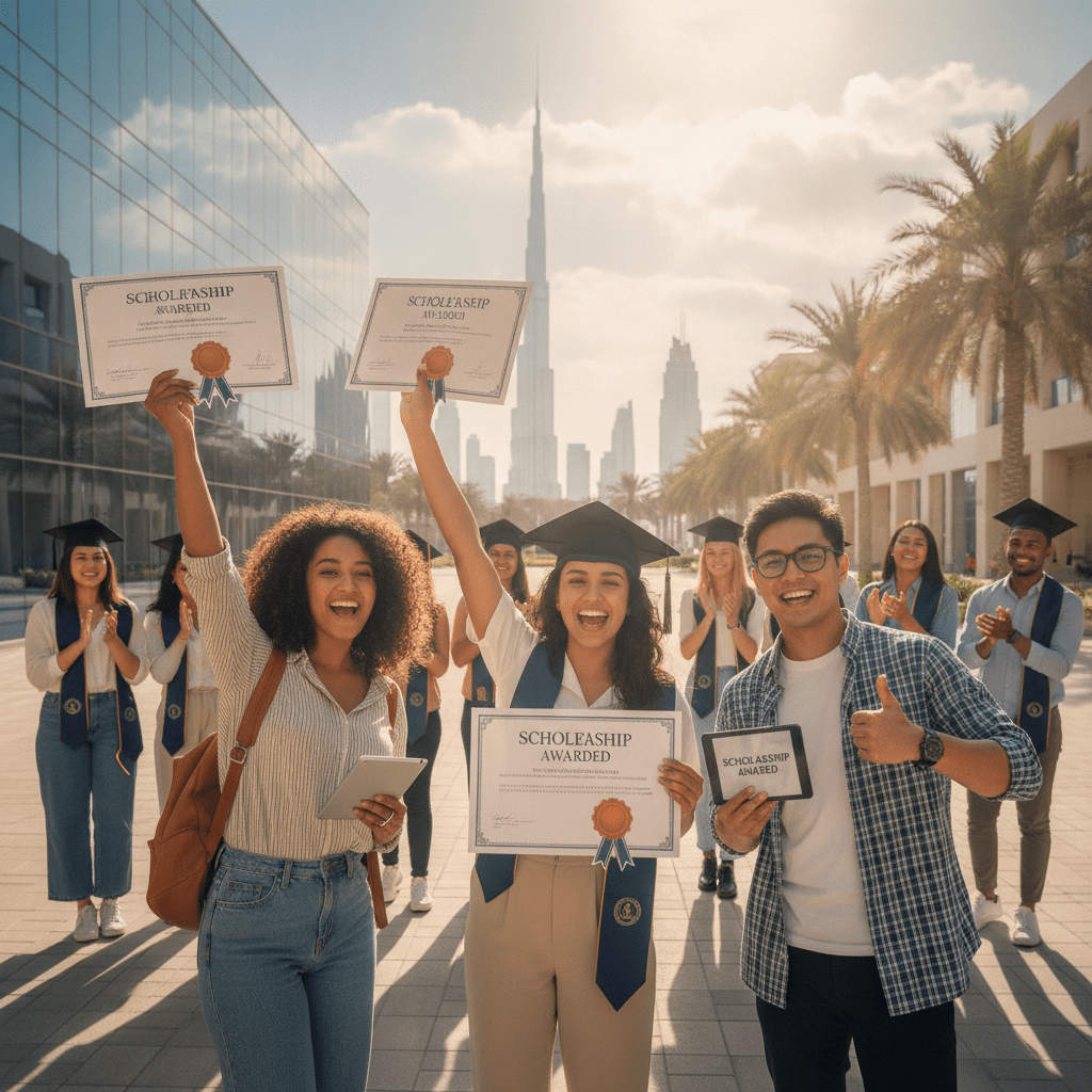 International students exploring scholarships for different study levels at Dubai universities, smiling on a modern campus