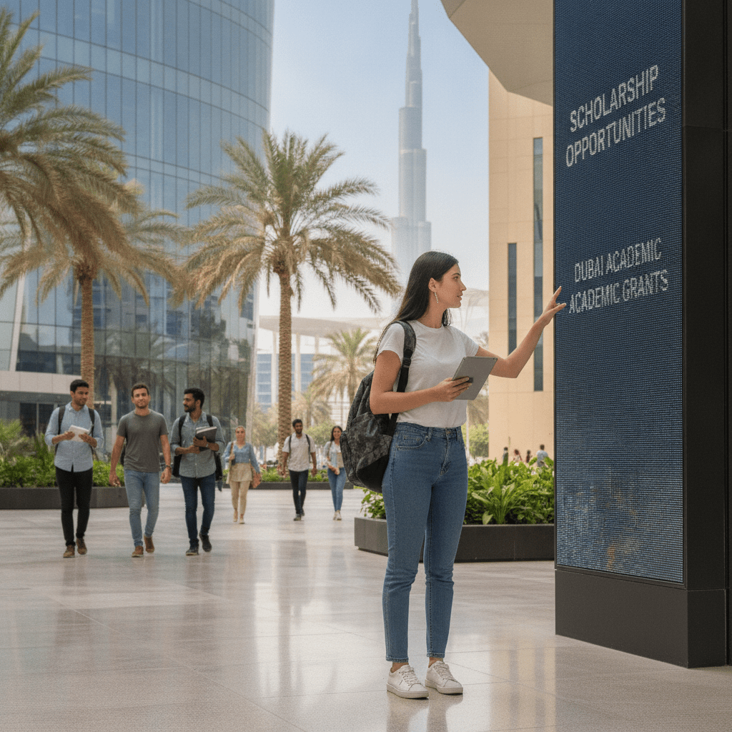 International student reviewing Dubai university scholarships explained on a laptop near a modern campus building