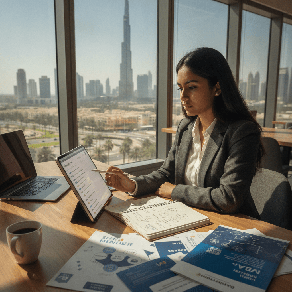 International student researching how to choose an MBA program in Dubai, reviewing university brochures at a modern desk
