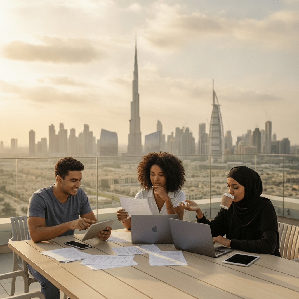 International students exploring a Dubai universities application comparison guide with modern campus buildings in the background