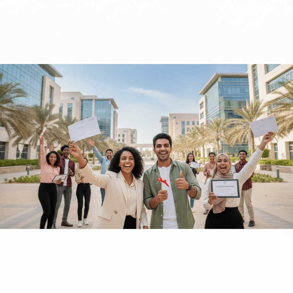 International students exploring types of scholarships at Dubai universities, smiling on a modern campus with skyline in background
