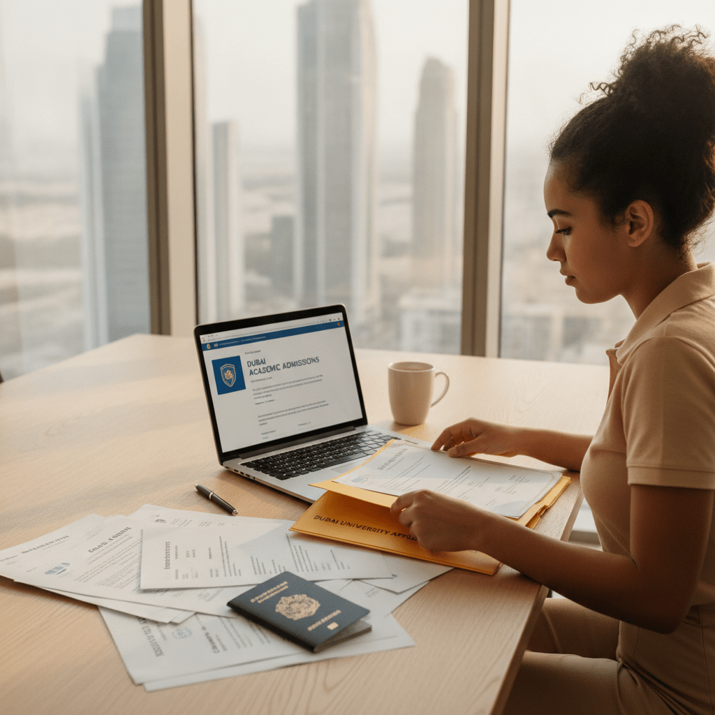 International student reviewing Dubai university application documents at a desk, preparing for higher education enrollment