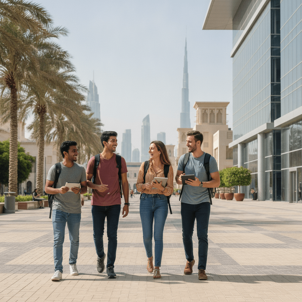 Diverse international students receiving support services at Dubai universities, gathered on a modern campus with city skyline in background