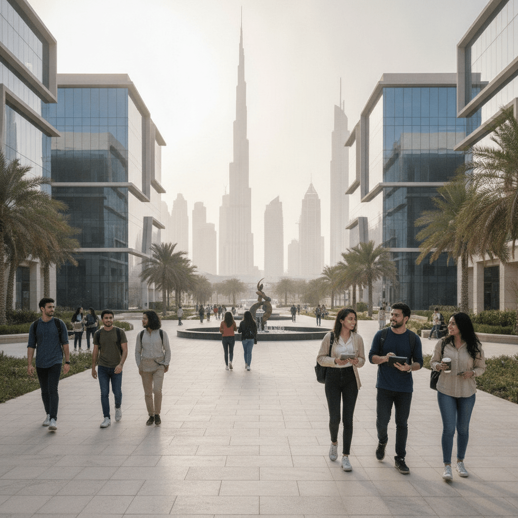 Students walking across a modern Dubai campus, representing top undergraduate universities Dubai rankings and campus life
