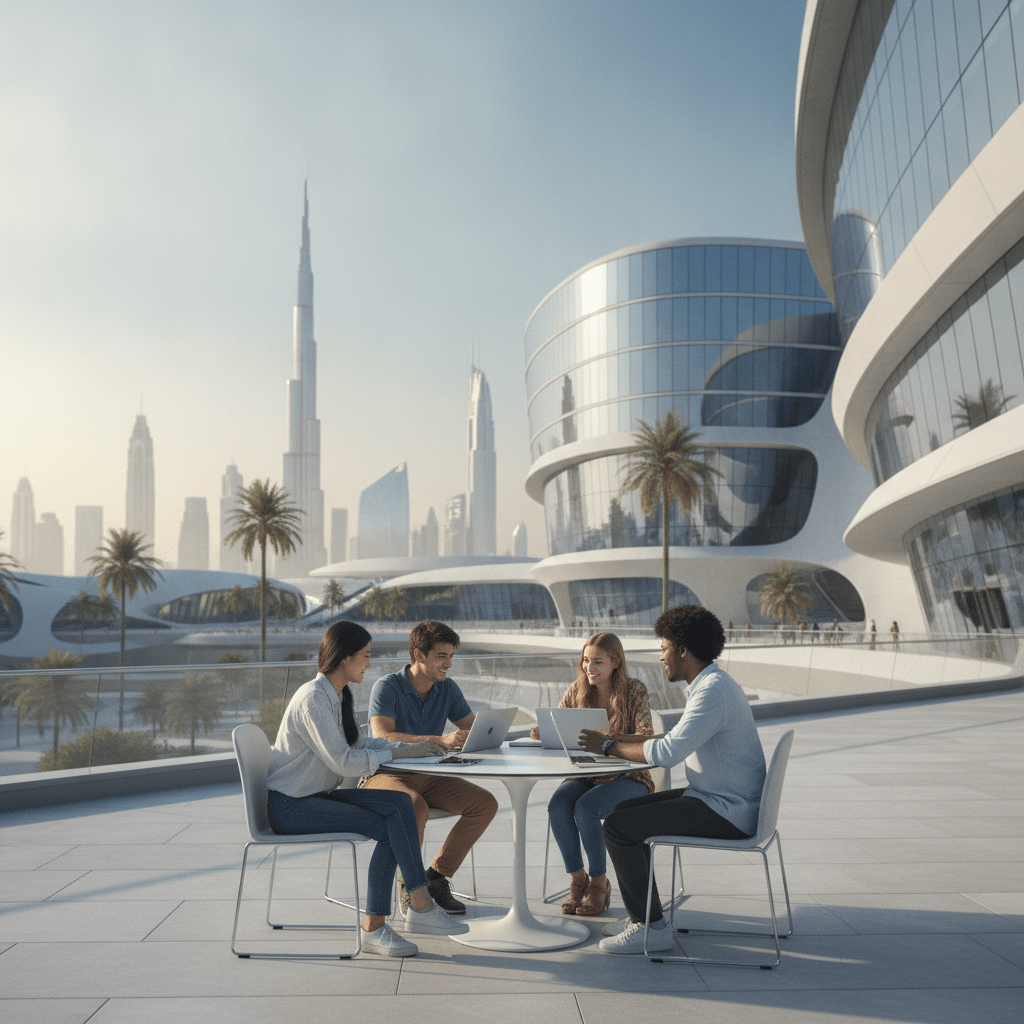 International students exploring undergraduate scholarships in Dubai 2026 at a modern university campus with city skyline in background
