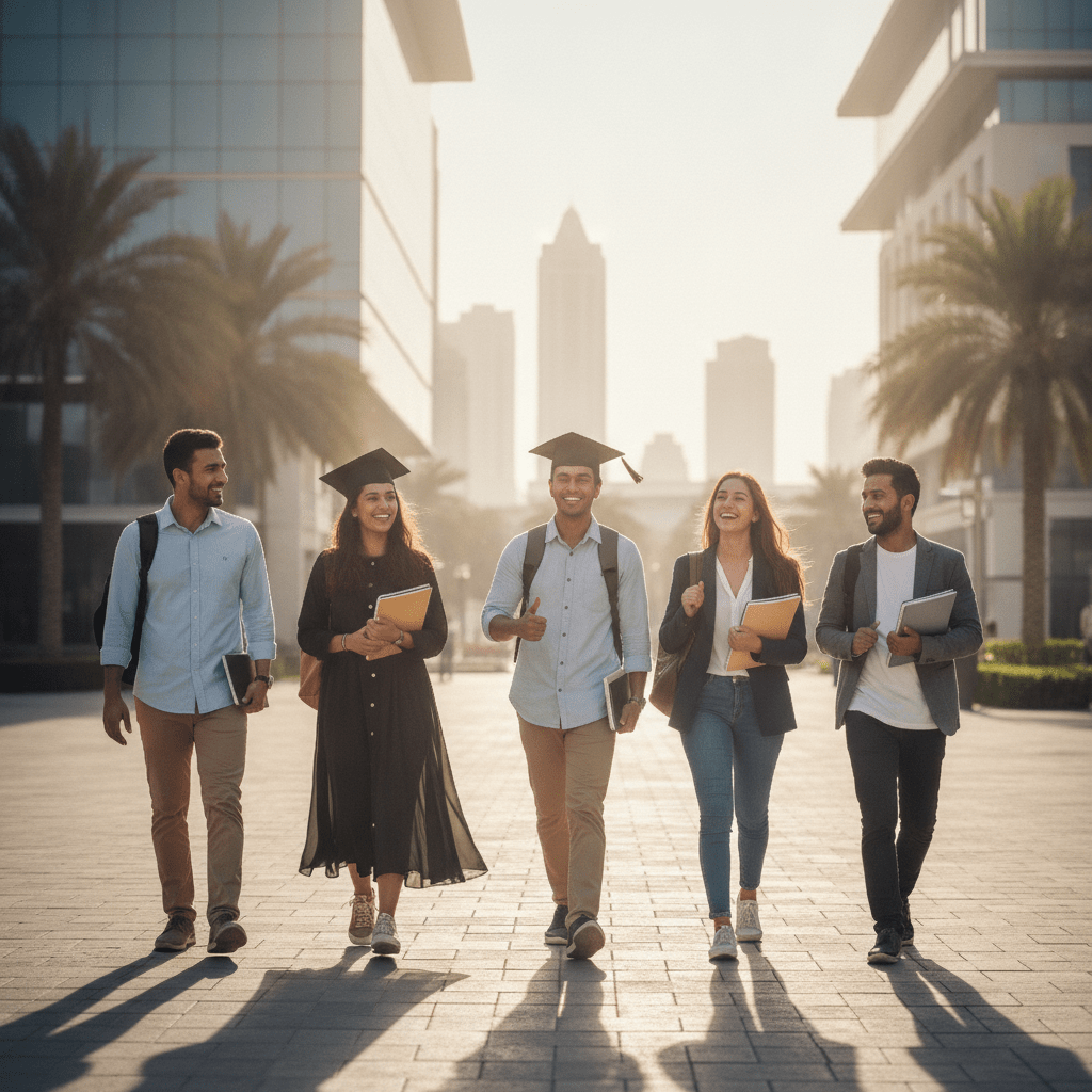 Smiling graduates exploring affordable university programs in Dubai for high school graduates at a modern campus