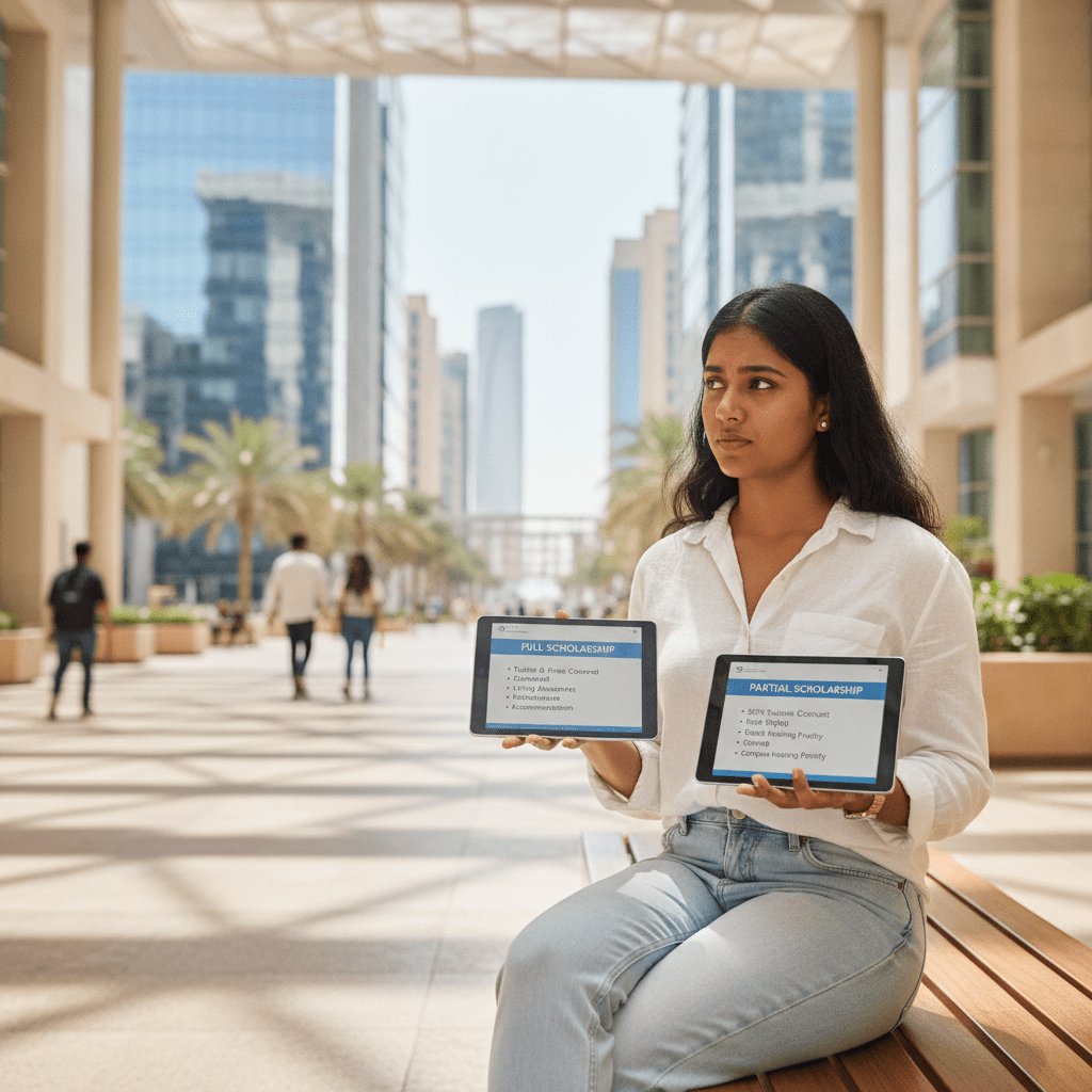 International student reviewing full vs partial scholarship Dubai university options at a modern campus study desk