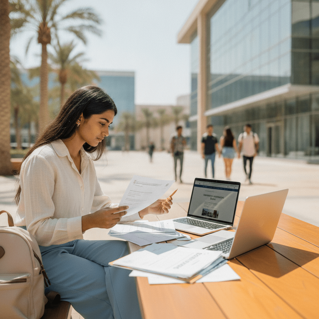 Student reviewing university admission requirements after 12th grade in Dubai, preparing application documents on a bright modern campus