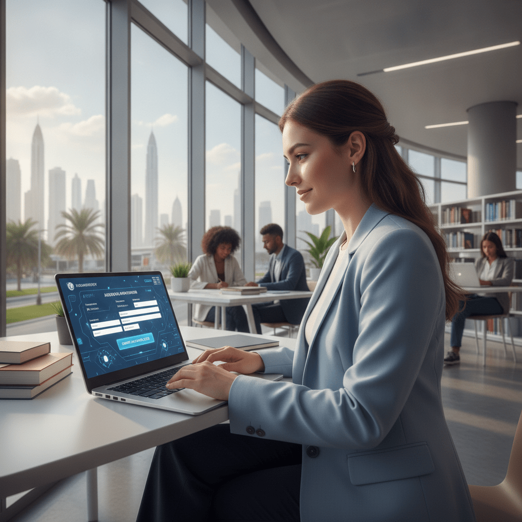 International student completing a Dubai university application 2026, seated at a desk with documents and a laptop on a modern campus