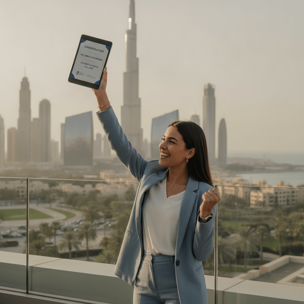 International student reviewing MBA scholarships Dubai 2026 offers at a modern university campus with city skyline